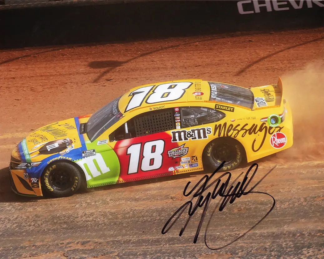 Autographed 2021 Kyle Busch #18 M&Ms Messages Bristol Dirt Race (Joe Gibbs Racing) Signed 8X10 Inch Picture Nascar Glossy Photo With Coa 1