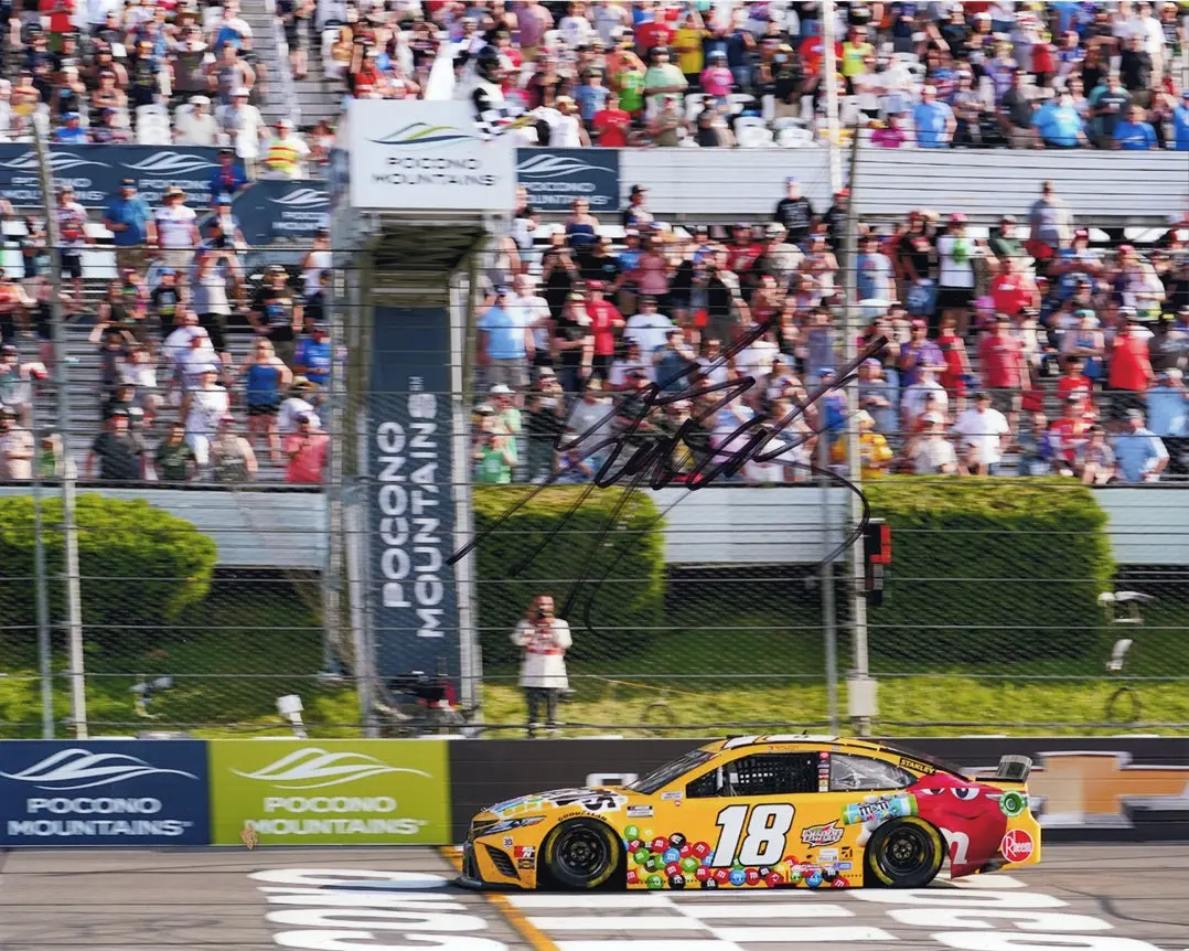 Autographed 2021 Kyle Busch #18 M&Ms Minis Pocono Race Win (Checkered Flag Finish Line) Signed 8X10 Inch Picture Nascar Glossy Photo With Coa 1