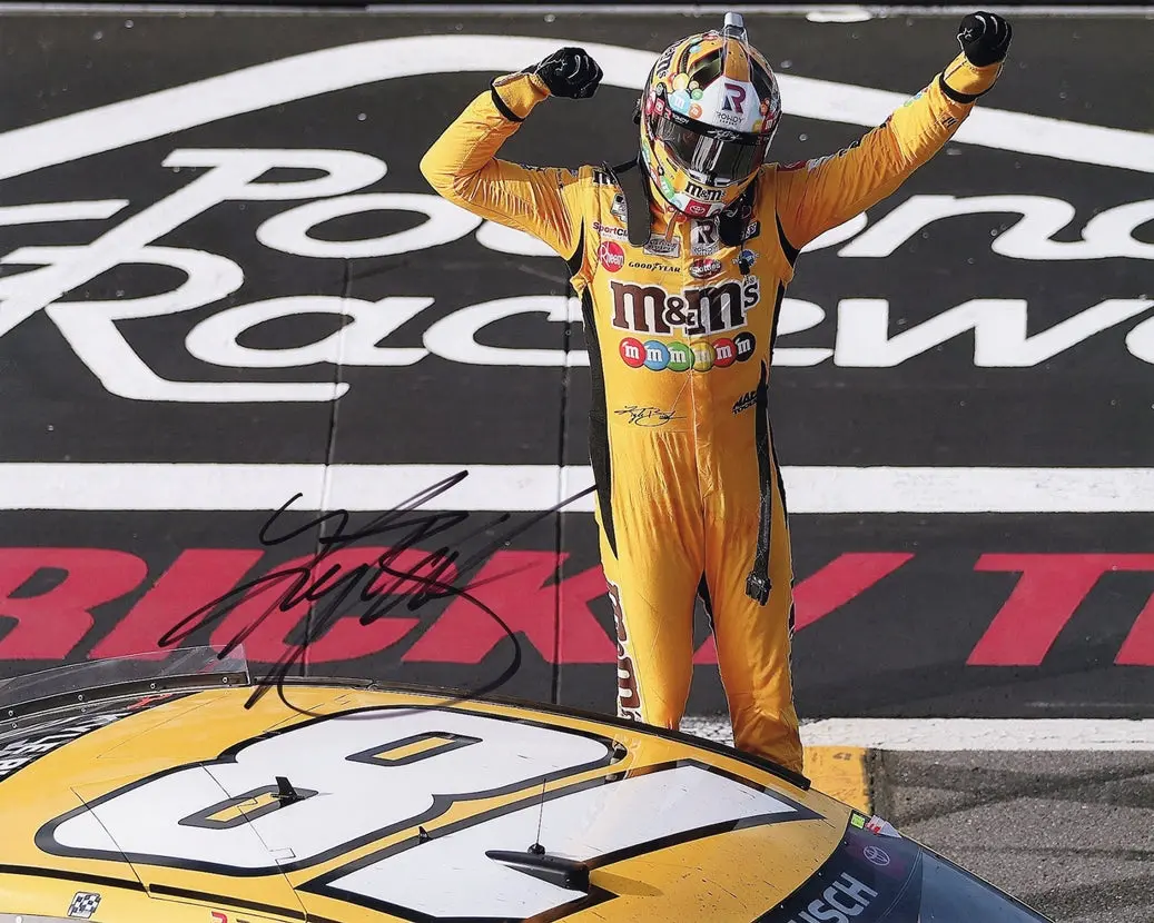 Autographed 2021 Kyle Busch #18 M&Ms Minis Pocono Race Win (Victory Celebration) Tricky Triangle Signed 8X10 Inch Picture Nascar Glossy Photo With Coa 1