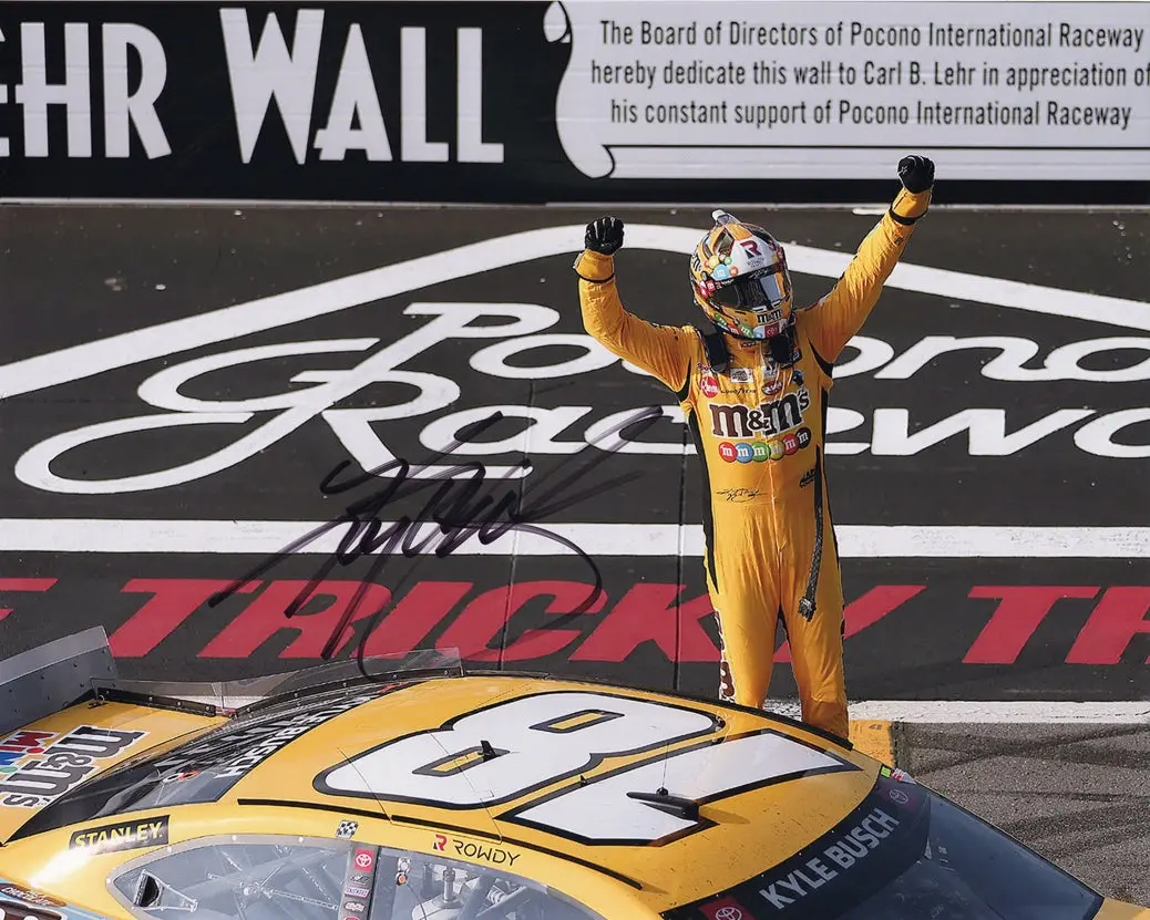 Autographed 2021 Kyle Busch #18 M&M's Minis Racing Pocono Race Win (Victory Celebration) Tricky Triangle Signed 8X10 Inch Picture Nascar Glossy Photo With Coa 1
