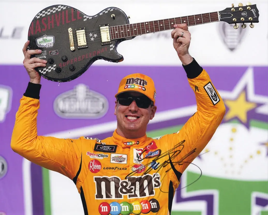 Autographed 2021 Kyle Busch #18 M&M's Racing Nashville Race Win (100Th Xfinity Victory) Guitar Trophy Signed 8X10 Inch Picture Nascar Glossy Photo With Coa 1