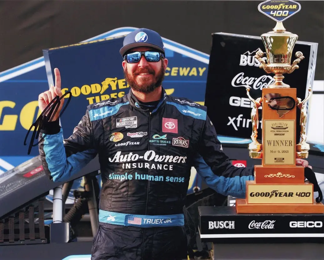Autographed 2021 Martin Truex Jr. #19 Auto-Owners Darlington Win (Victory Lane Trophy) Signed 8X10 Inch Nascar Photo With Coa 1