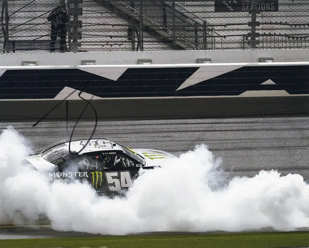 Autographed 2021 Ty Gibbs #54 Monster Energy Car Daytona Race Win (Victory Burnout) Xfinity Series Signed 8X10 Inch Picture Nascar Glossy Photo With Coa 1