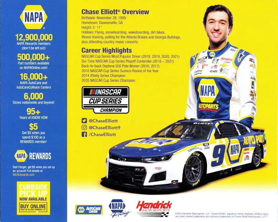 Autographed 2022 Chase Elliott #9 Napa Racing Official Hero Card (Hendrick Motorsports) Signed Collectible Picture 8X10 Inch Nascar Hero Card Photo With Coa 2