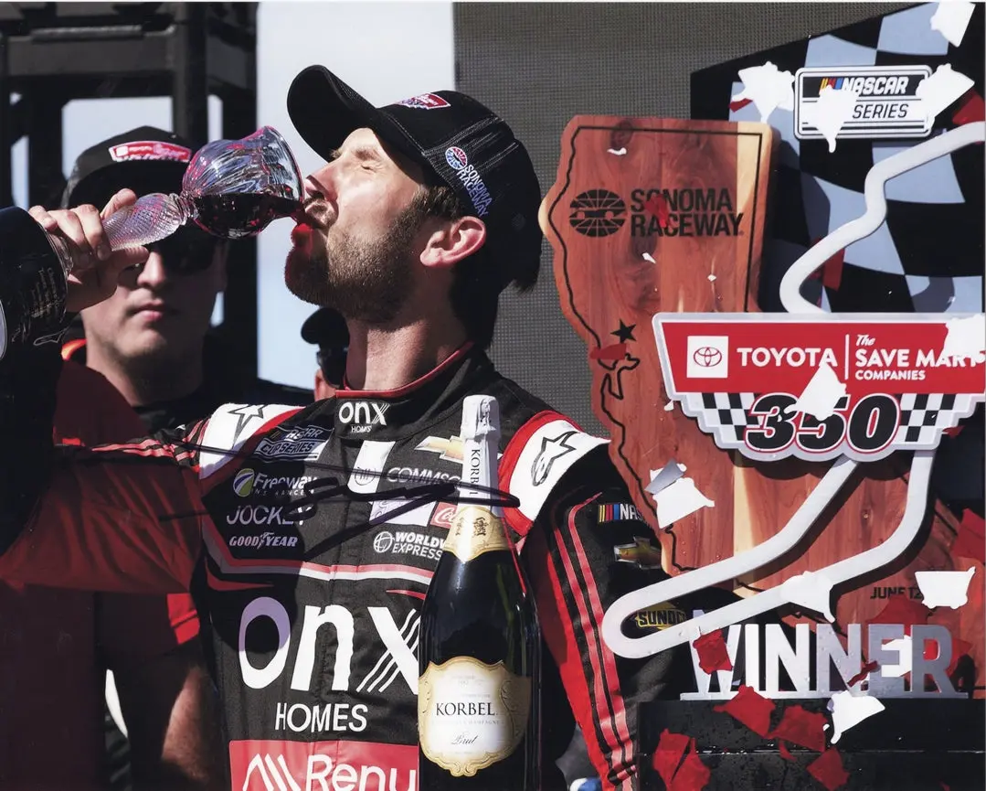 Autographed 2022 Daniel Suarez #99 Victory Lane Wine Sonoma Race Win (1St Career Win) Trackhouse Racing Signed 8X10 Inch Picture Nascar Glossy Photo With Coa 1