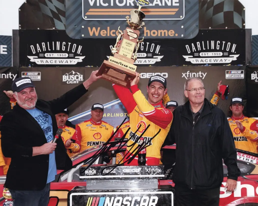 Autographed 2022 Joey Lognao #22 Pennzoil Racing Darlington Win (Victory Lane Trophy) Signed 8X10 Inch Picture Nascar Photo With Coa 1