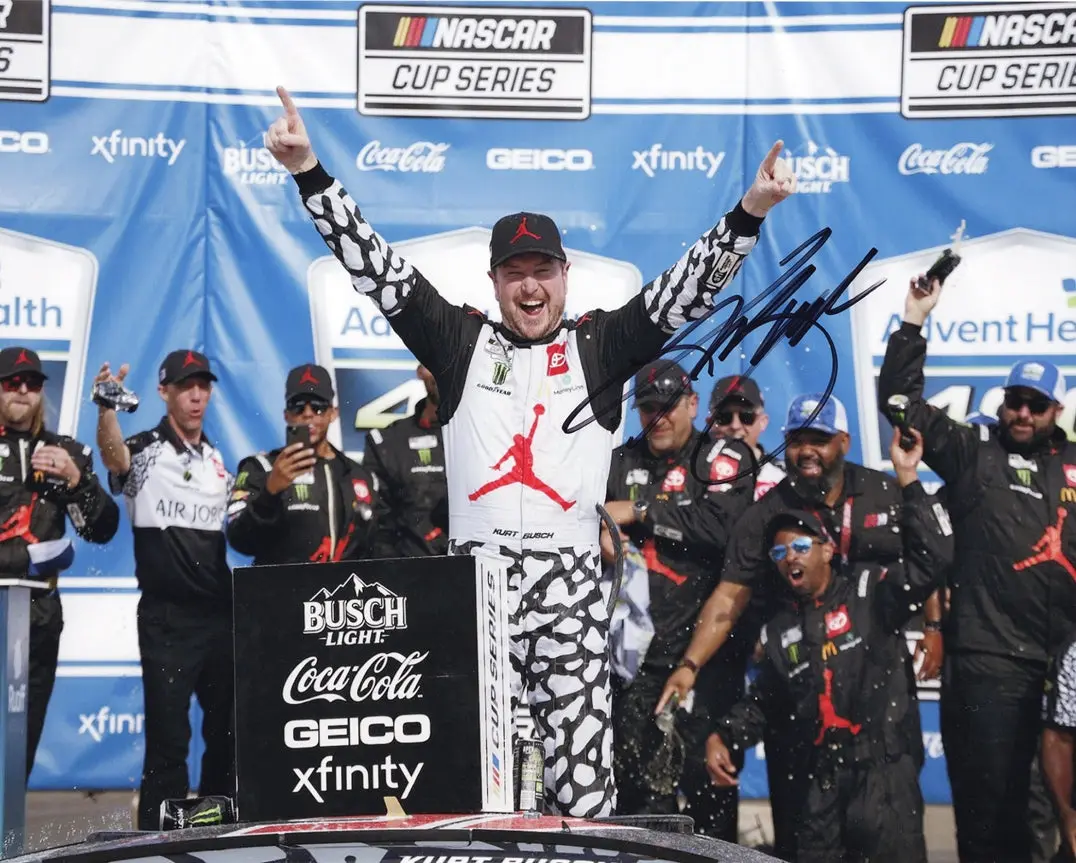 Autographed 2022 Kurt Busch #45 Michael Jordan Jumpman Kansas Race Win (Victory Lane Celebration) 23Xi Racing Signed 8X10 Inch Picture Nascar Glossy Photo With Coa 1