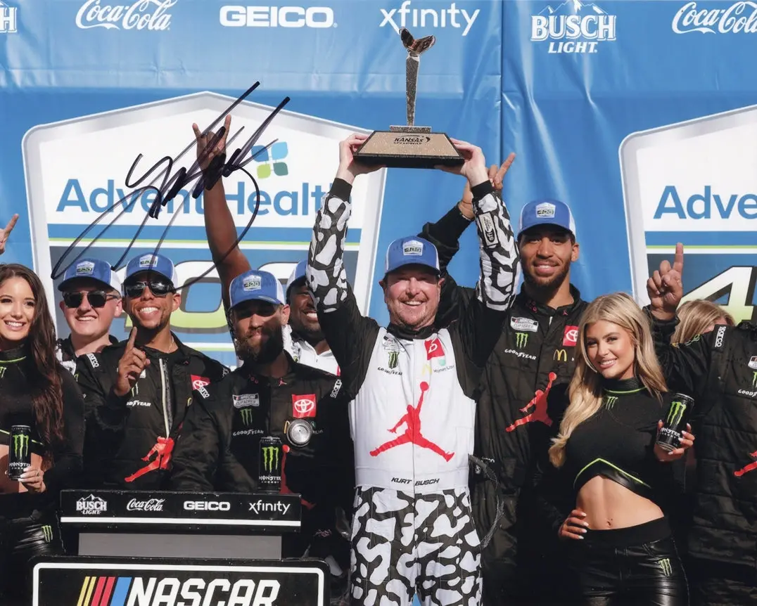 Autographed 2022 Kurt Busch #45 Michael Jordan Jumpman Kansas Race Win (Victory Lane Trophy) 23Xi Racing Team Signed 8X10 Inch Picture Nascar Glossy Photo With Coa 1