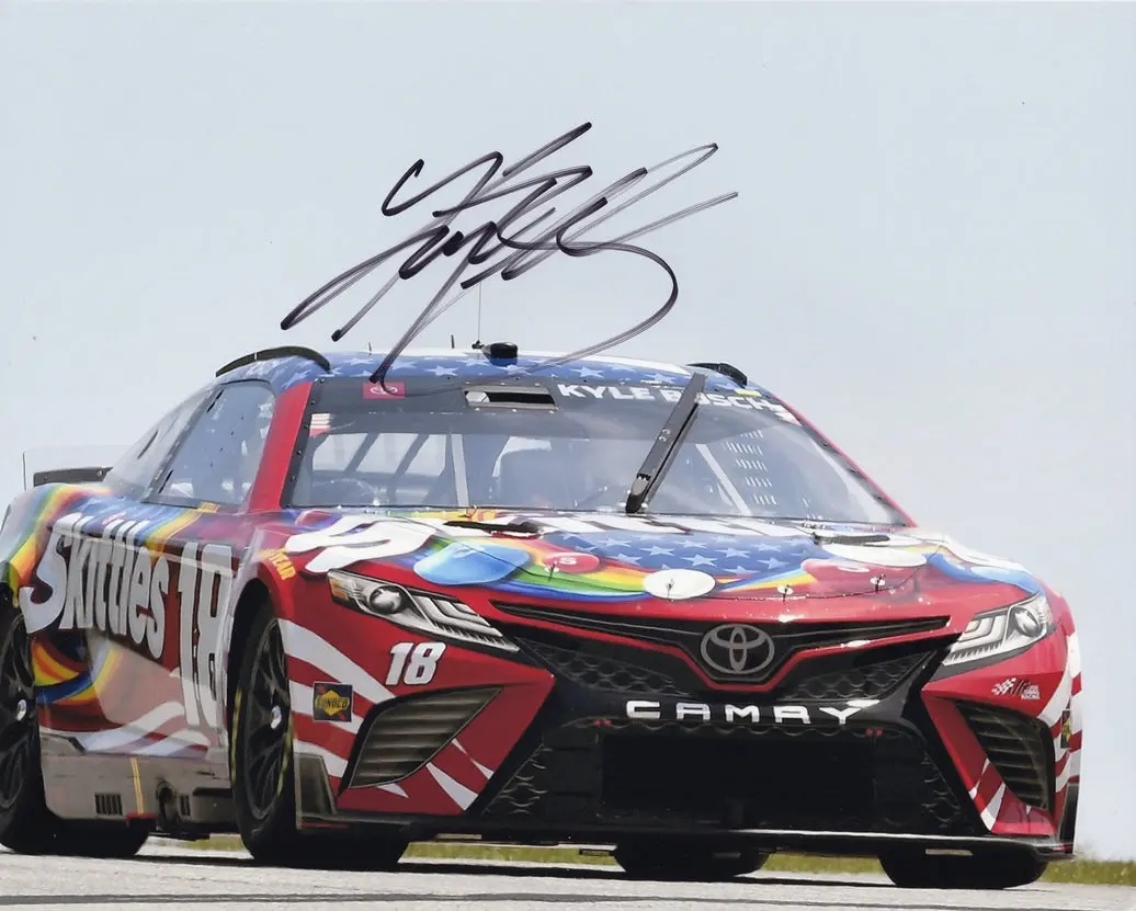 Autographed 2022 Kyle Busch #18 Skittles Patriotic Racing Road America Race (Final Season At Gibbs) Signed 8X10 Inch Picture Nascar Glossy Photo With Coa 1