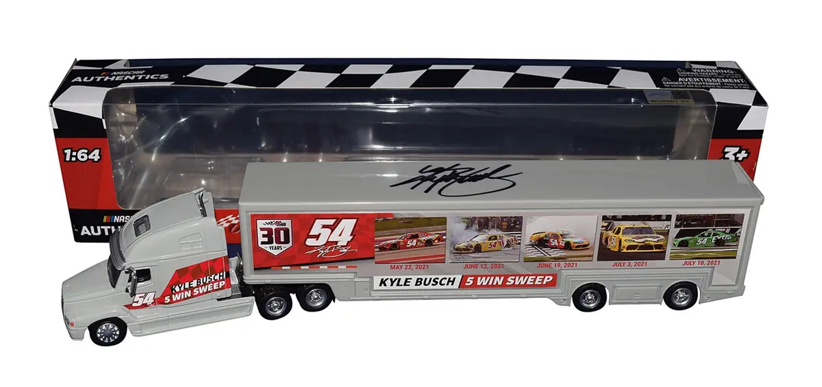 Autographed 2022 Kyle Busch #54 Xfinity Series 5 Win Sweep (Joe Gibbs Racing) Rare Signed 1/64 Scale Nascar Authentics Diecast Hauler/Transporter With Coa 1