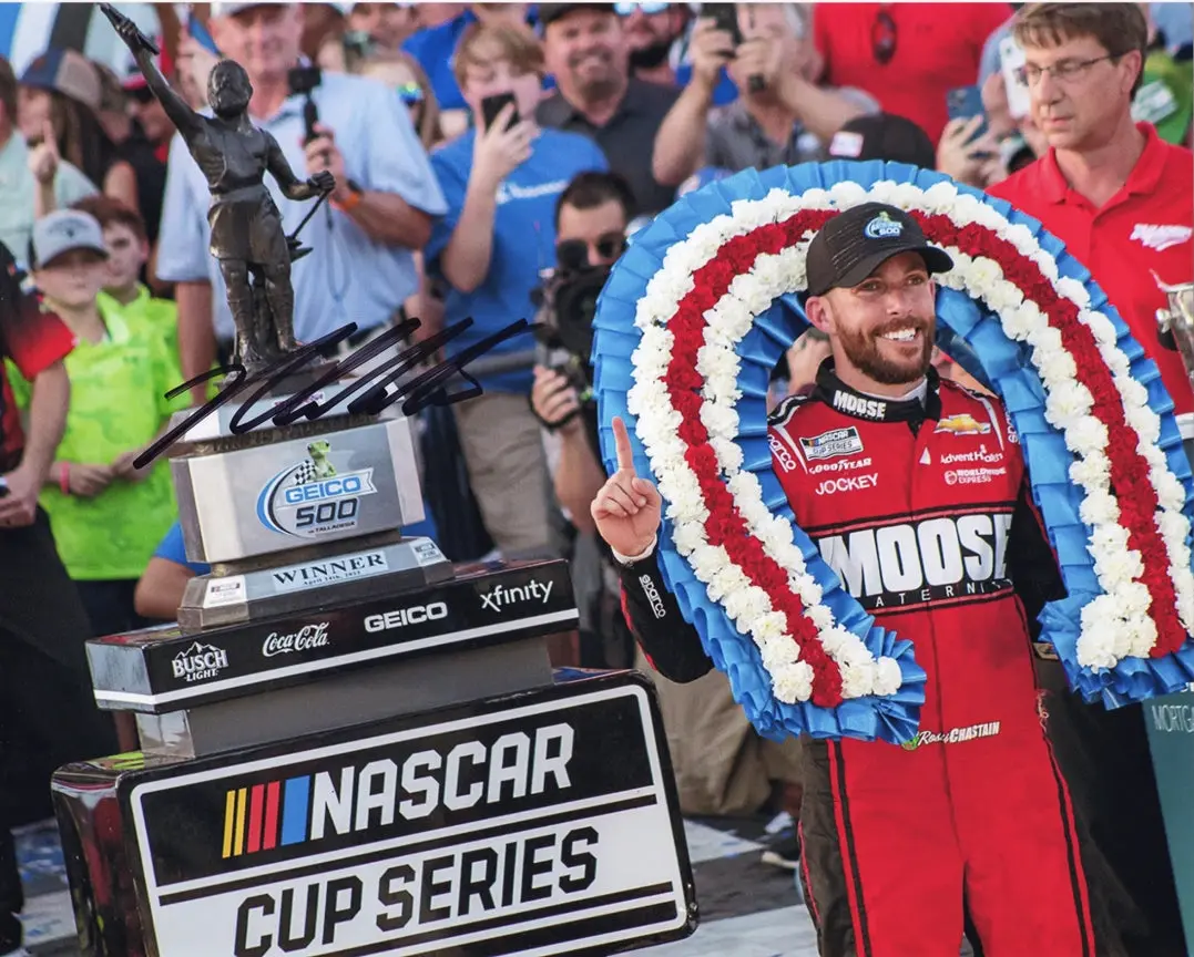 Autographed 2022 Ross Chastain #1 Be A Moose Talladega Race Win (Victory Lane Trophy) Trackhouse Racing Signed 8X10 Inch Picture Nascar Glossy Photo With Coa 1