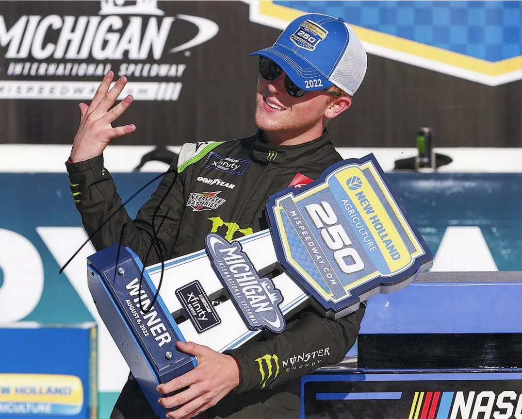 Autographed 2022 Ty Gibbs #54 Monster Racing Michigan Xfinity Race Win (Victory Lane Trophy) Signed 8X10 Inch Picture Nascar Glossy Photo With Coa 1