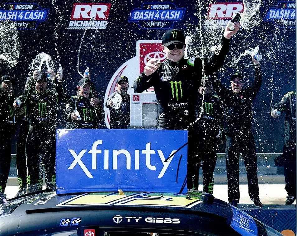 Autographed 2022 Ty Gibbs #54 Monster Racing Richmond Xfinity Win (Victory Lane Celebration) Signed 8X10 Inch Picture Nascar Glossy Photo With Coa 1