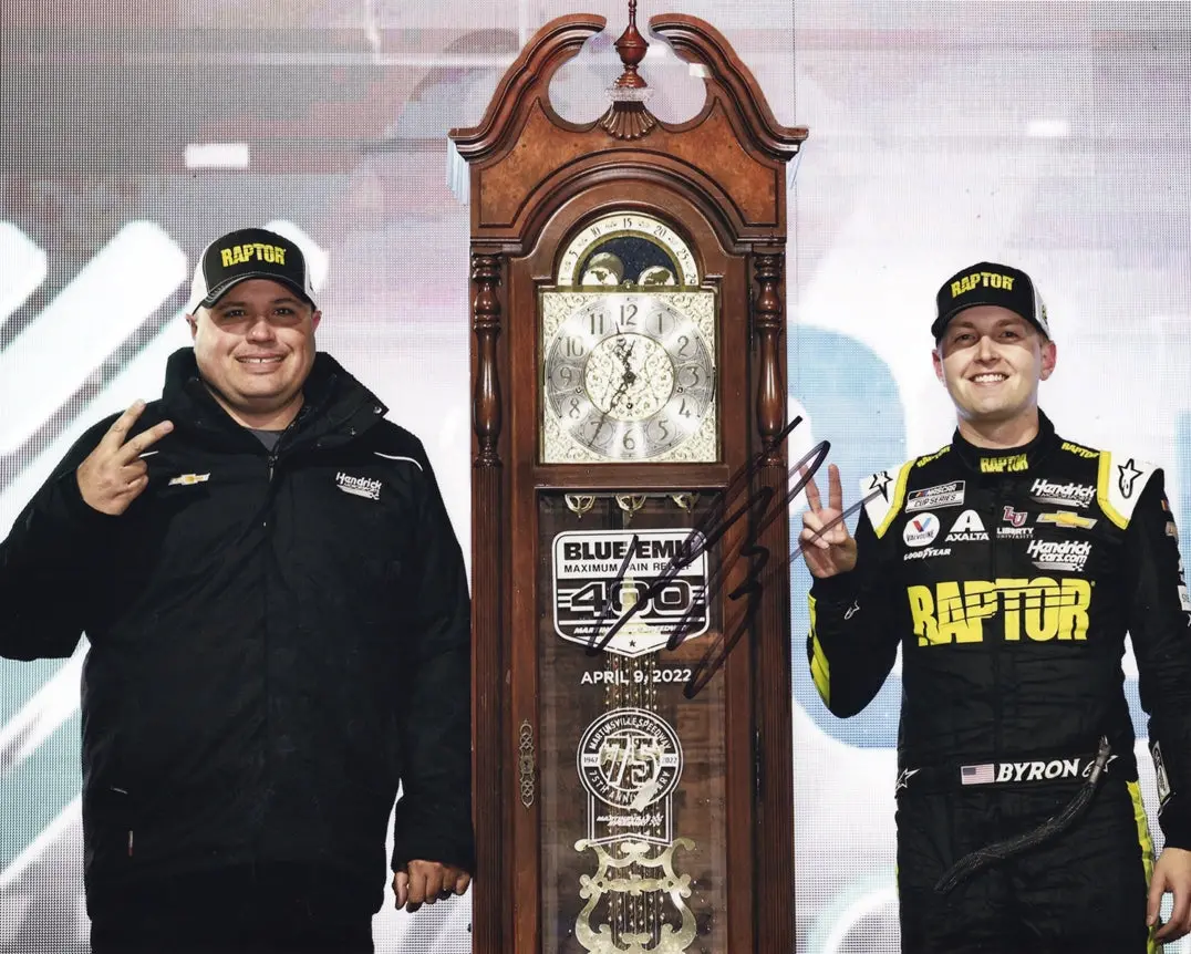 Autographed 2022 William Byron #24 Raptor Racing Martinsville Race Win (Grandfather Clock Trophy) Signed 8X10 Inch Picture Nascar Glossy Photo With Coa 1