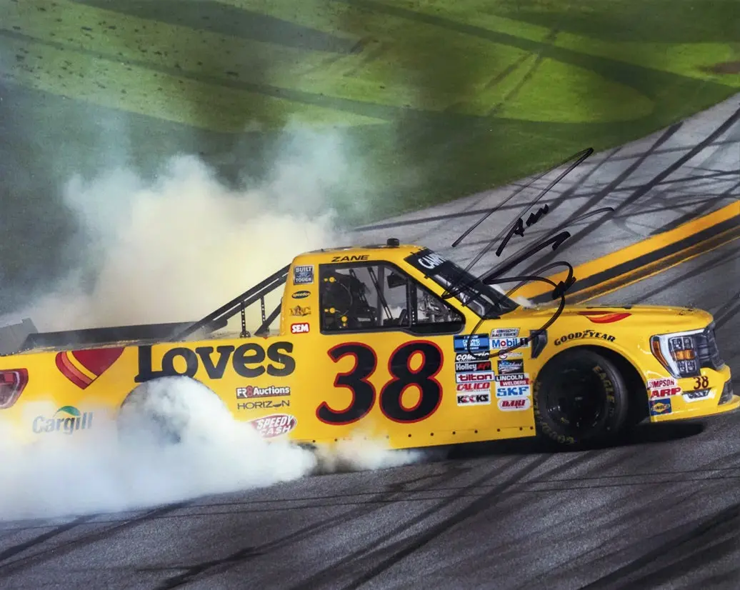 Autographed 2022 Zane Smith #38 Loves Racing Daytona Win (Victory Burnout) Truck Series Signed 8X10 Inch Nascar Photo With Coa 1