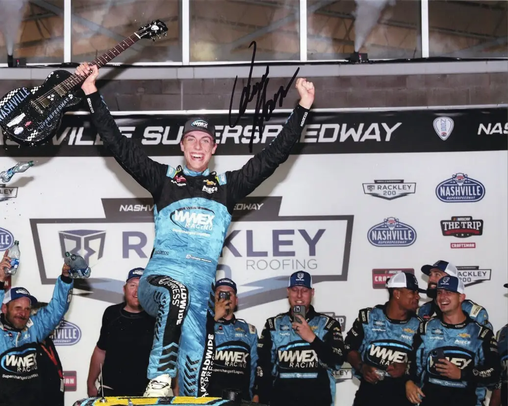 Autographed 2023 Carson Hocevar #42 Wwex Racing Nashville Win (Guitar Trophy) Truck Series Signed 8X10 Inch Picture Nascar Photo With Coa 1