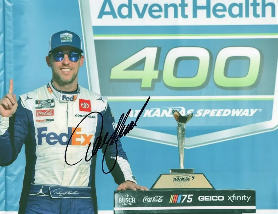 Autographed 2023 Denny Hamlin #11 Fedex Racing Kansas Race Win (Victory Lane Trophy) Signed 9X11 Inch Picture Nascar Glossy Photo With Coa 1