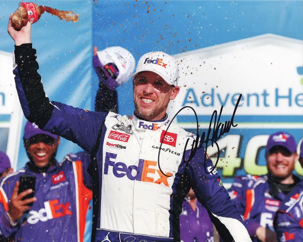 Autographed 2023 Denny Hamlin #11 Fedex Racing Kansas Win (Victory Lane) Signed 8X10 Inch Picture Nascar Photo With Coa 1