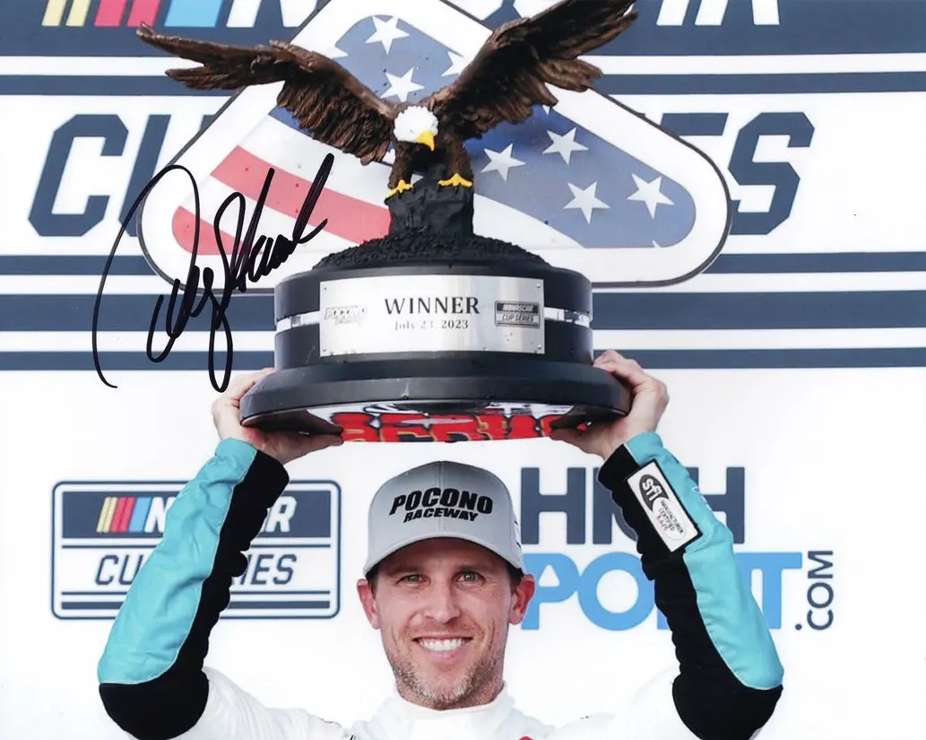 Autographed 2023 Denny Hamlin #11 Mavis Racing Pocono Win (Eagle Trophy) Signed 8X10 Inch Picture Nascar Photo With Coa 1