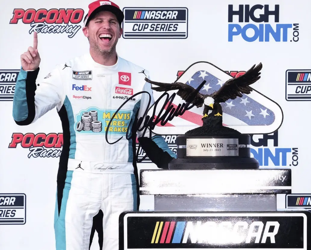 Autographed 2023 Denny Hamlin #11 Mavis Pocono Win (Victory Lane Trophy) Signed 8X10 Inch Picture Nascar Photo With Coa 1