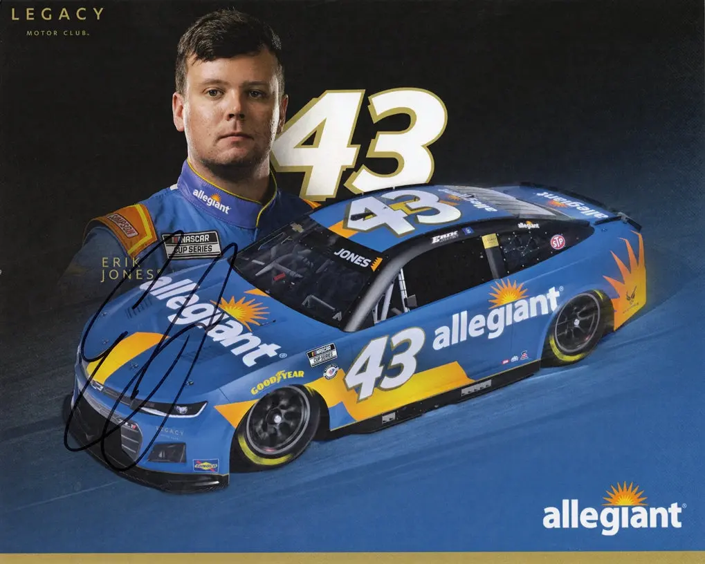 Autographed 2023 Erik Jones #43 Allegiant Racing (Next Gen Car) Legacy Motor Club Official Hero Card Signed 8X10 Inch Picture Nascar Photo With Coa 1