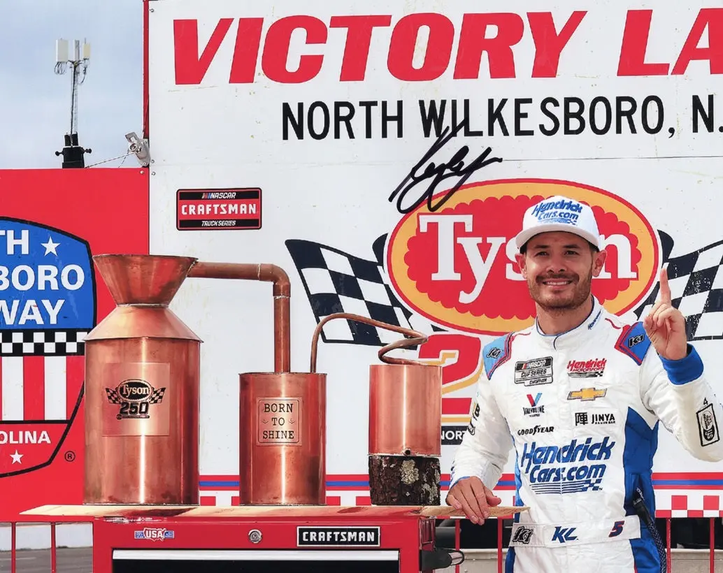 Autographed 2023 Kyle Larson #7 Hendrick North Wilkesboro Win (Xfinity Trophy) Signed 8X10 Inch Picture Nascar Photo With Coa 1