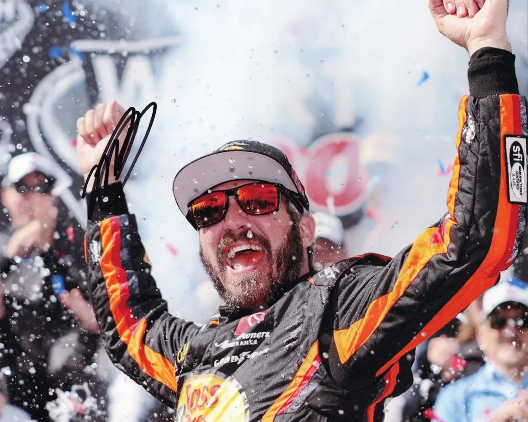 Autographed 2023 Martin Truex Jr. #19 Bass Pro Shops Dover Win (Victory Celebration) Signed 8X10 Inch Nascar Photo With Coa 1