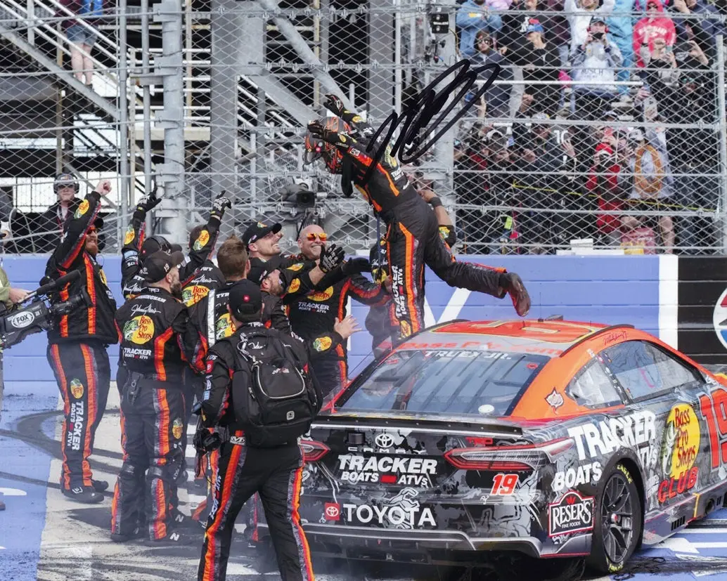 Autographed 2023 Martin Truex Jr. #19 Bass Pro Shops Dover Win (Victory With Crew) Signed 8X10 Inch Nascar Photo With Coa 1