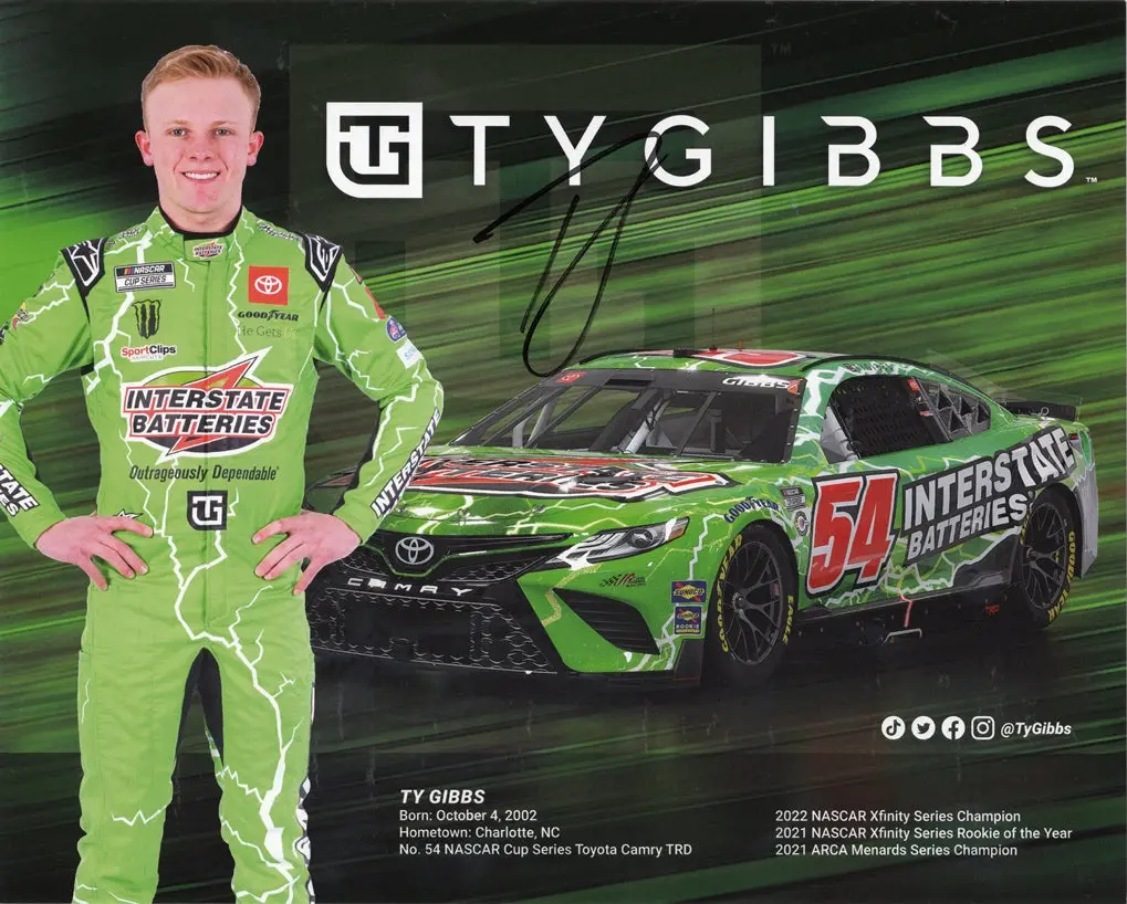 Autographed 2023 Ty Gibbs #54 Interstate Batteries Toyota (Joe Gibbs Racing) Official Hero Card Signed 8X10 Inch Picture Nascar Photo With Coa 1