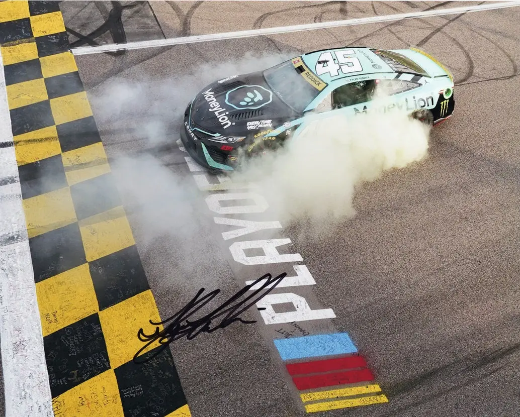 Autographed 2023 Tyler Reddick #45 Money Lion Kansas Win (Burnout Finish Line) Signed 8X10 Inch Nascar Photo With Coa 1