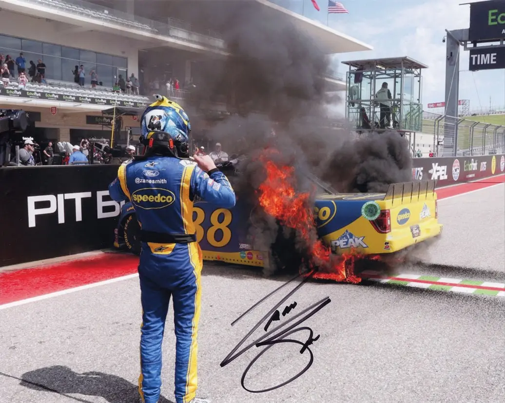 Autographed 2023 Zane Smith #38 Speedco Racing Cota Truck Win (Victory Fire Burnout) Signed 8X10 Inch Nascar Photo With Coa 1