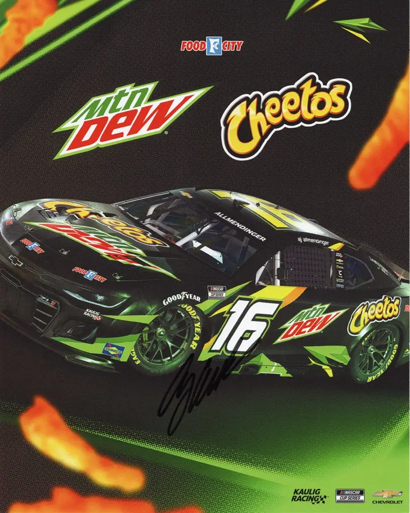 Autographed 2024 Aj Allmendinger #16 Mountain Dew / Cheetos Bristol Exclusive Signed 8X10 Inch Nascar Hero Card Photo With Coa 1
