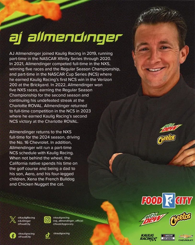 Autographed 2024 Aj Allmendinger #16 Mountain Dew / Cheetos Bristol Exclusive Signed 8X10 Inch Nascar Hero Card Photo With Coa 2