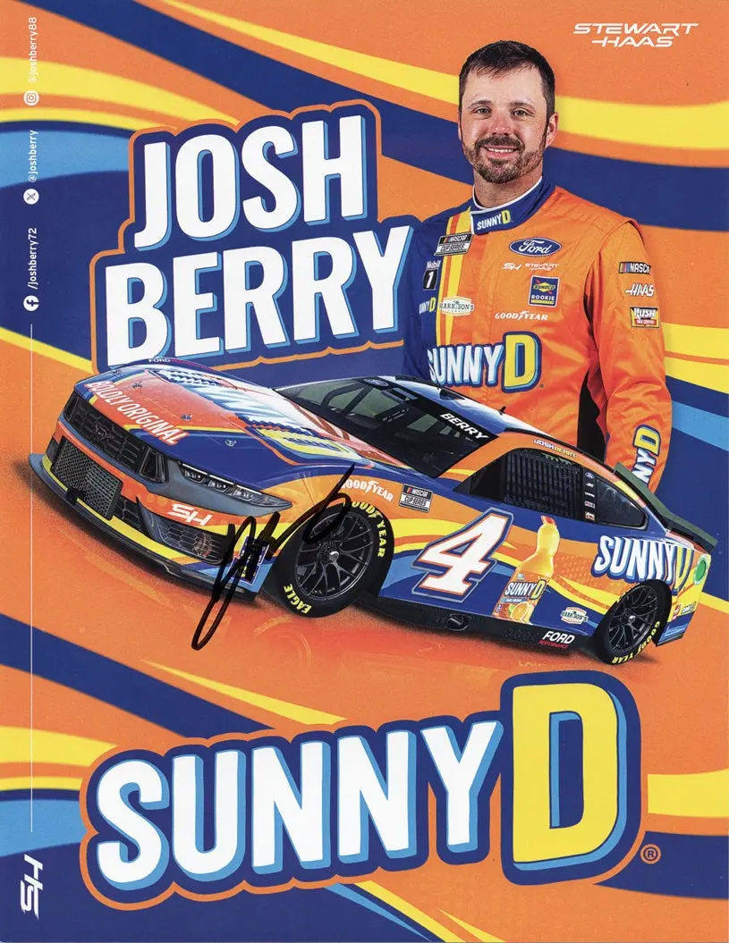 Autographed 2024 Josh Berry #4 Sunny D (Rookie Season) Stewart-Haass Signed 9X11 Inch Nascar Official Hero Card With Coa 1