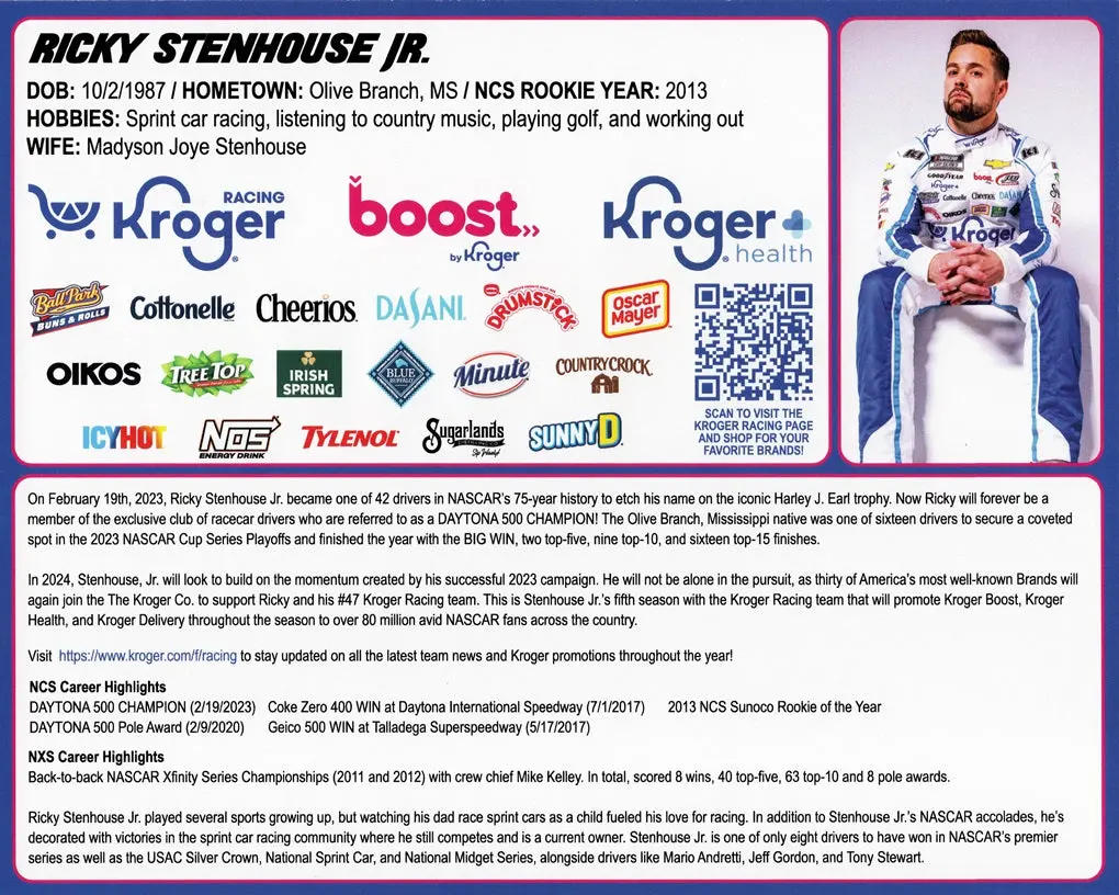 Autographed 2024 Ricky Stenhouse Jr. #47 Kroger Team Official Hero Card (Jtg Daugherty Racing) Signed 8X10 Nascar Photo With Coa 2