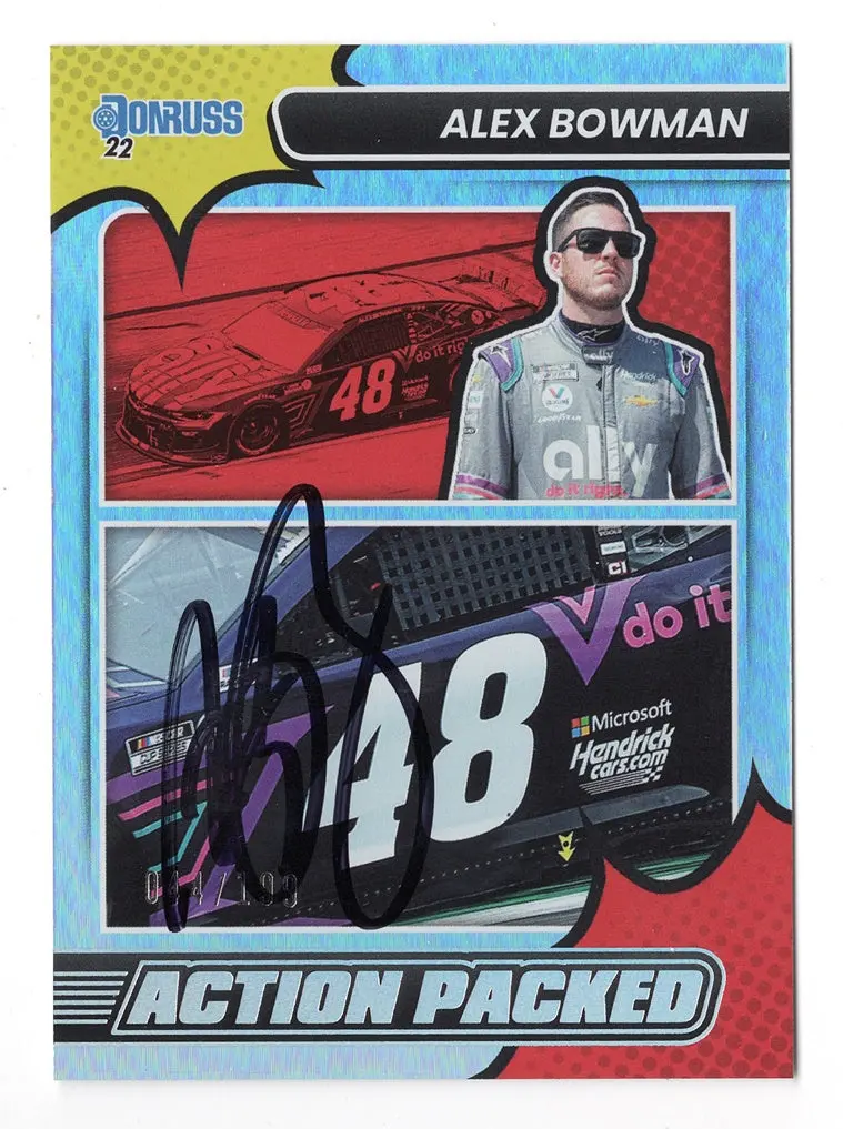 Autographed Alex Bowman 2022 Donruss Racing Action Packed Rare Parallel Insert Signed Collectible Nascar Trading Card With Coa #044/199 1