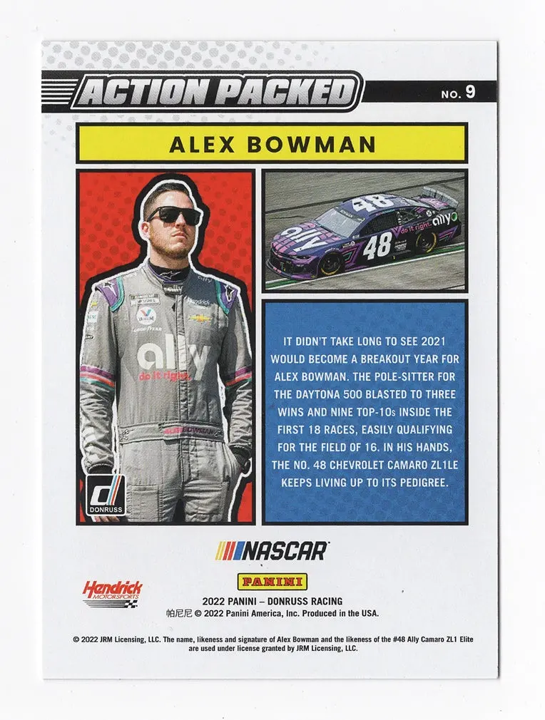 Autographed Alex Bowman 2022 Donruss Racing Action Packed Rare Parallel Insert Signed Collectible Nascar Trading Card With Coa #044/199 2