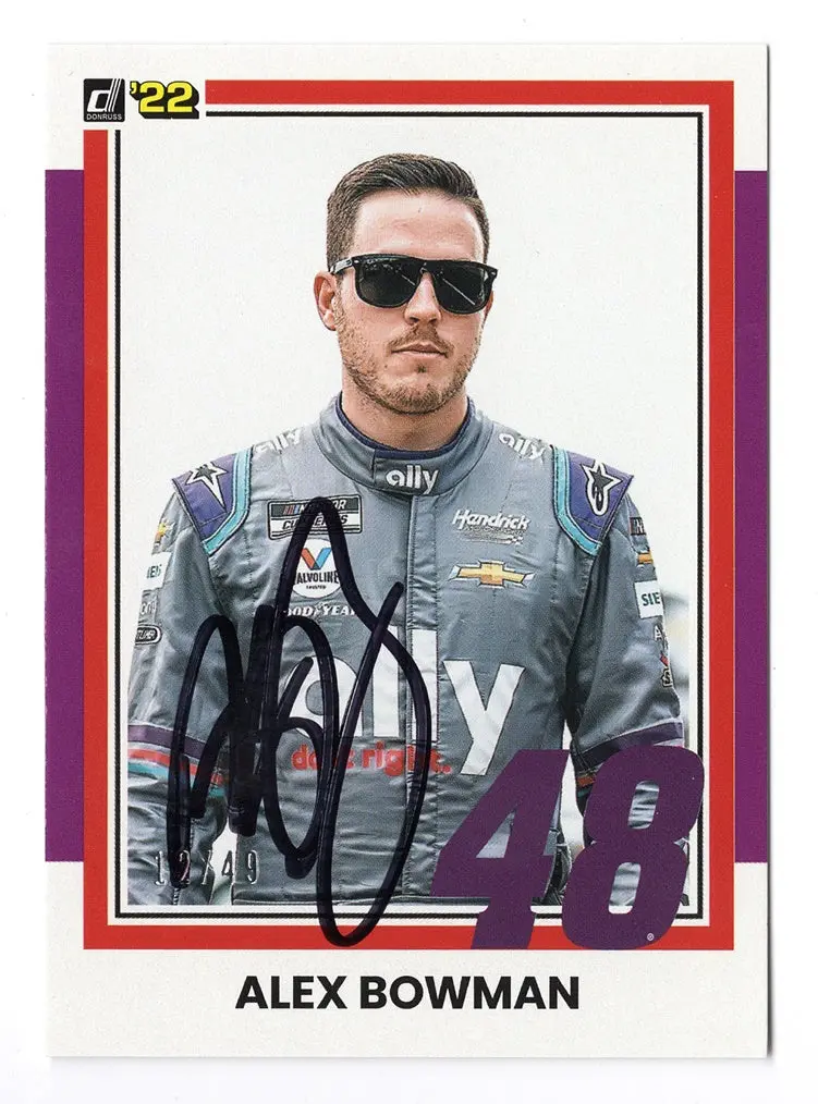 Autographed Alex Bowman 2022 Donruss Racing Rare Purple Parallel (#48 Ally Driver) Insert Signed Collectible Nascar Trading Card With Coa #12/49 1