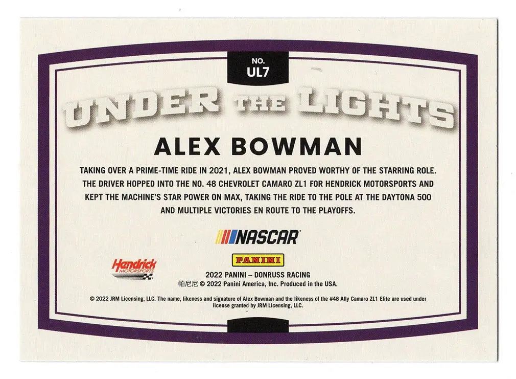 Autographed Alex Bowman 2022 Donruss Racing Under The Lights (#48 Ally Car) Rare Insert Signed Collectible Nascar Trading Card With Coa 2