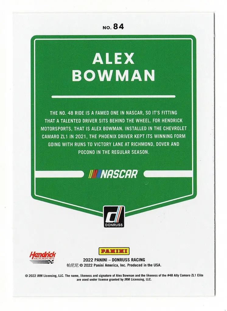 Autographed Alex Bowman 2022 Donruss Racing (#48 Ally Driver) Hendrick Motorsports Signed Collectible Nascar Trading Card With Coa 2