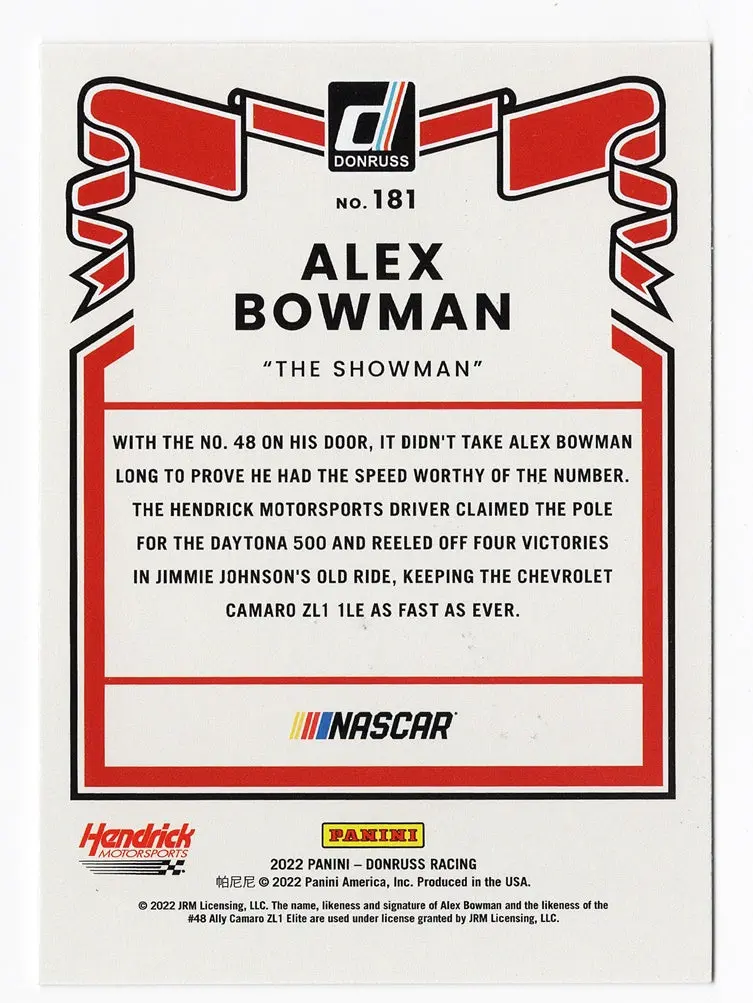 Autographed Alex Bowman 2022 Donruss Racing The Showman (#48 Ally Team) Hendrick Motorsports Signed Collectible Nascar Trading Card With Coa 2