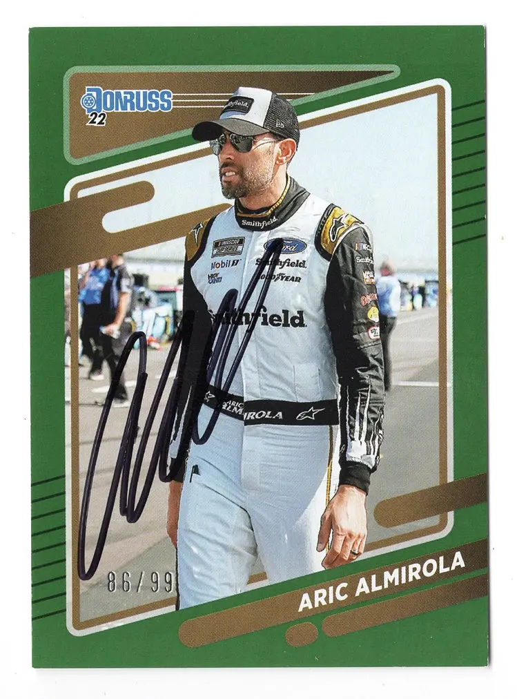 Autographed Aric Almirola 2022 Donruss Racing Rare Green Parallel Insert Signed Nascar Collectible Trading Card #86/99 With Coa 1
