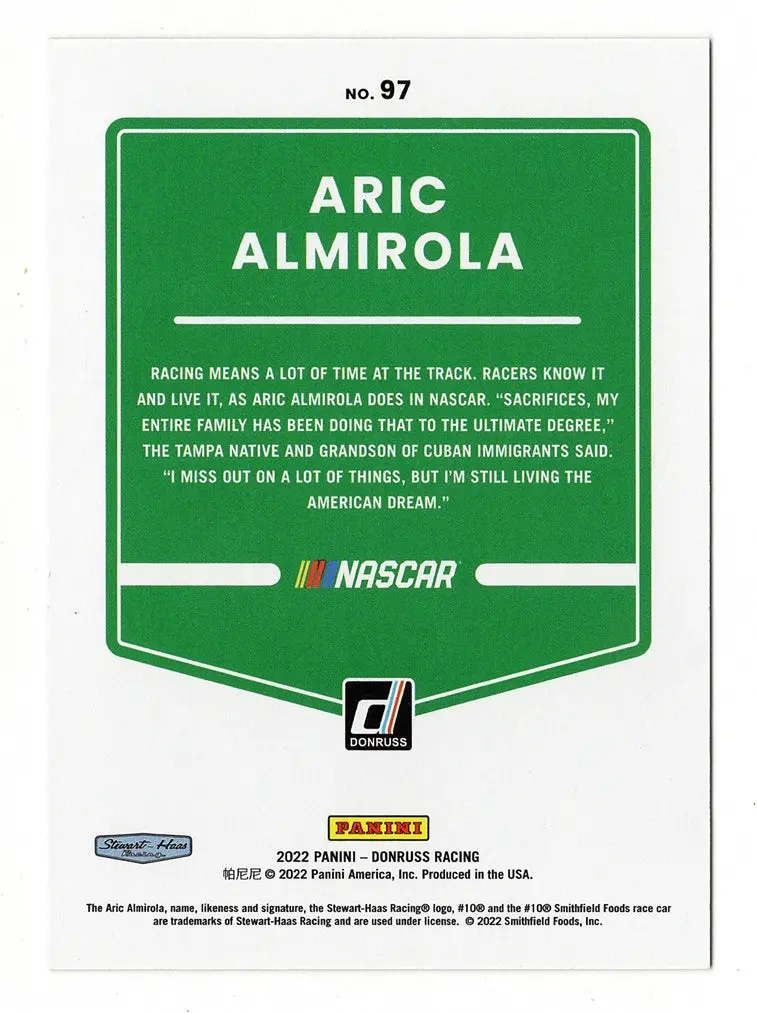 Autographed Aric Almirola 2022 Donruss Racing Rare Green Parallel Insert Signed Nascar Collectible Trading Card #86/99 With Coa 2