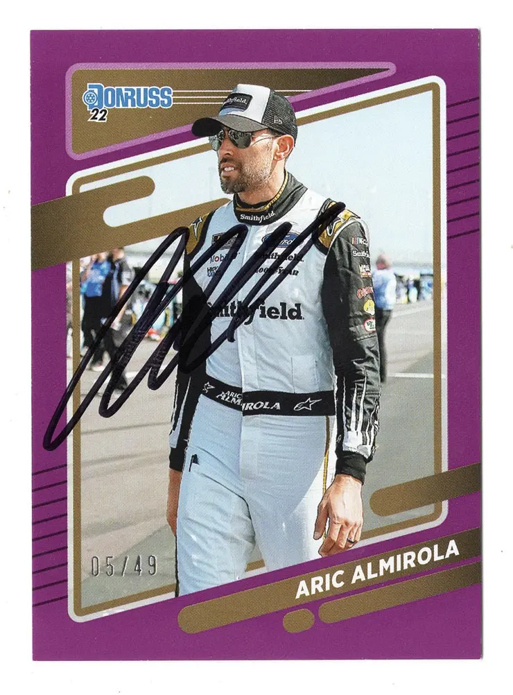 Autographed Aric Almirola 2022 Donruss Racing Rare Purple Parallel Insert Signed Nascar Collectible Trading Card #05/49 With Coa 1