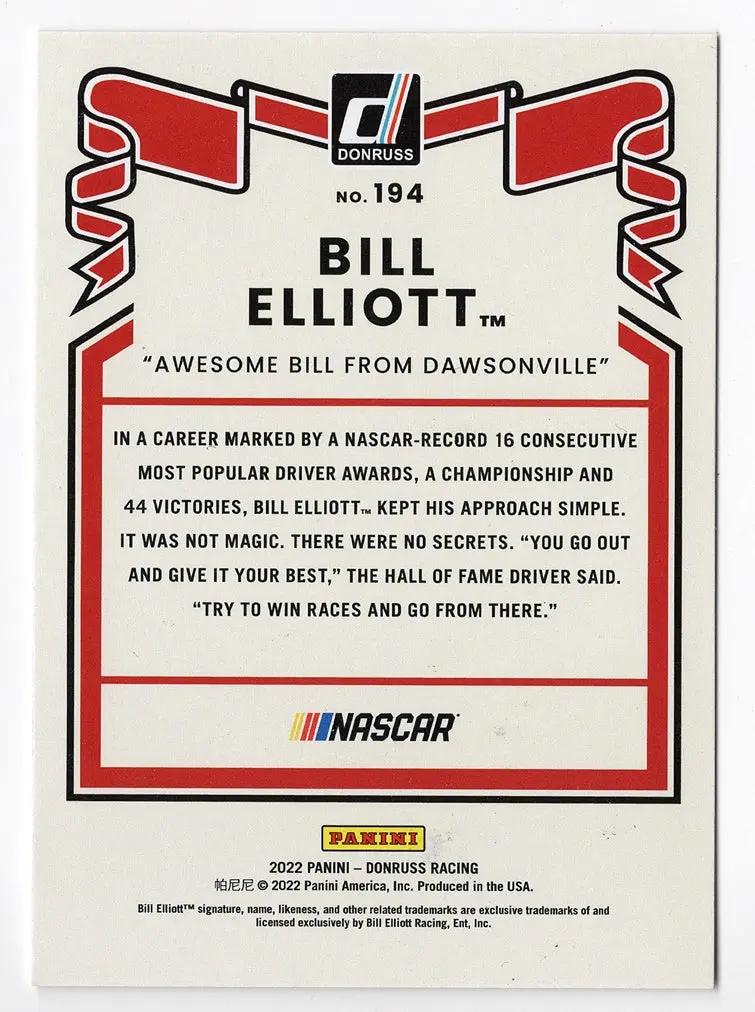 Autographed Bill Elliott 2022 Donruss Racing Awesome Bill From Dawsonville (Rare Gray Parallel Insert) Signed Collectible Nascar Trading Card With Coa 2