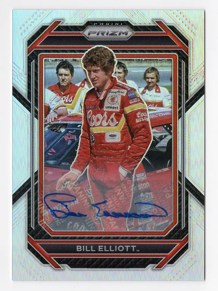 Autographed Bill Elliott 2023 Panini Prizm Racing (#9 Coors Car) Rare Silver Prizm Insert Signed Nascar Trading Card 1