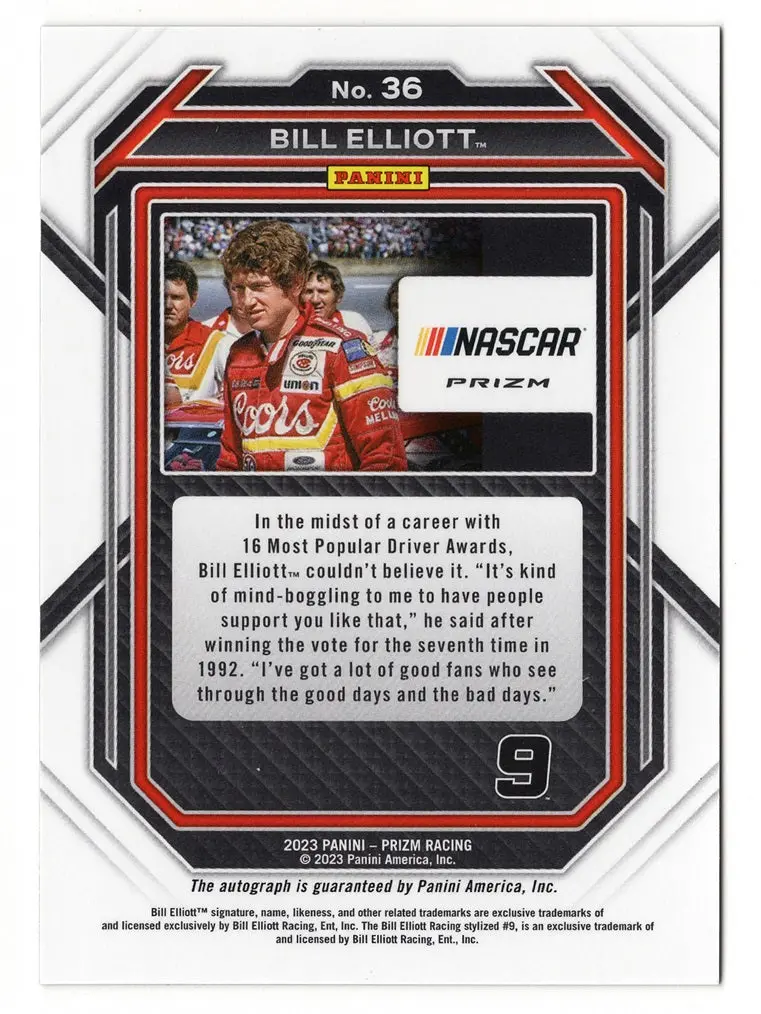 Autographed Bill Elliott 2023 Panini Prizm Racing (#9 Coors Car) Rare Silver Prizm Insert Signed Nascar Trading Card 2