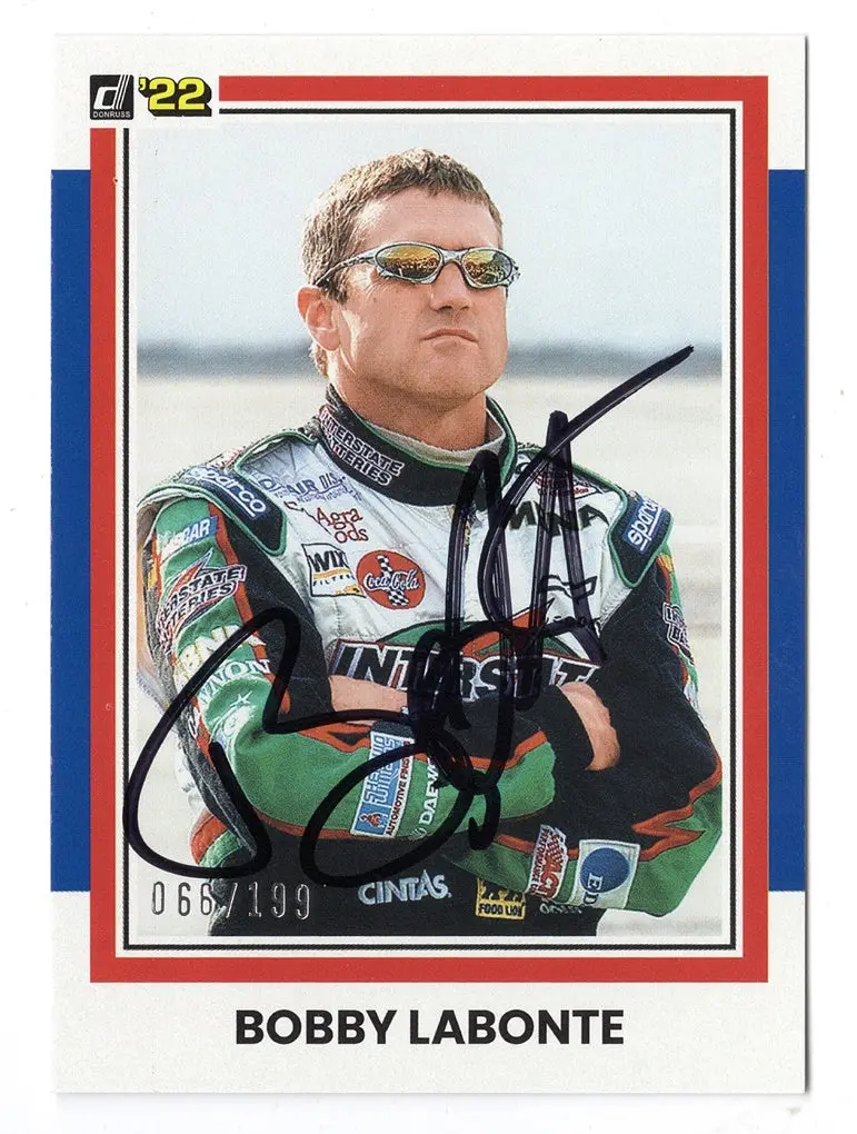 Autographed Bobby Labonte 2022 Donruss Racing Rare Blue Parallel (#18 Interstate Team) Insert Signed Collectible Nascar Trading Card #066/199 With Coa 1