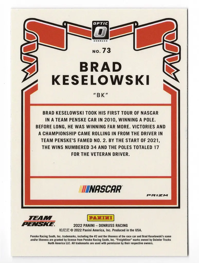 Autographed Brad Keselowski 2022 Donruss Optic Racing Rare Silver Prizm Insert Signed Nascar Collectible Trading Card With Coa 2
