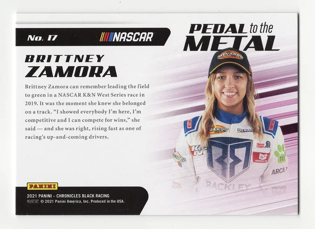 Autographed Brittney Zamora 2021 Panini Chronicles Black Racing Pedal To The Metal Rare Insert Signed Nascar Collectible Trading Card With Coa 2